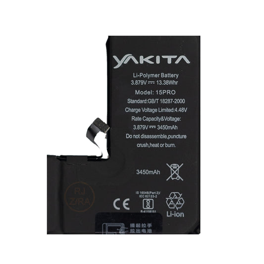 Yakita High-Capacity Original Battery for iPhone 15 pro (A2848, A3101, A3102, A3104) Battery 3450mAh