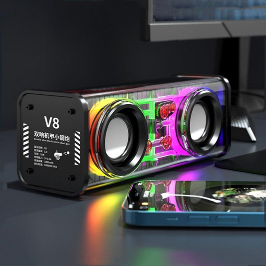 V8 Transparent Music Speaker Bluetooth 5.0 Wireless Subwoofer with RGB Light (Black)